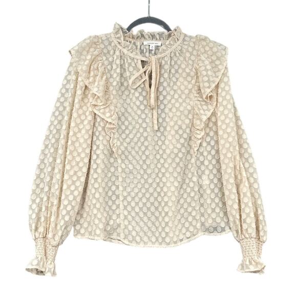 August‎ Sky Cream Polka Dot Long Sleeve Ruffled Tie-Neck Blouse Victorian Medium - Picture 1 of 7